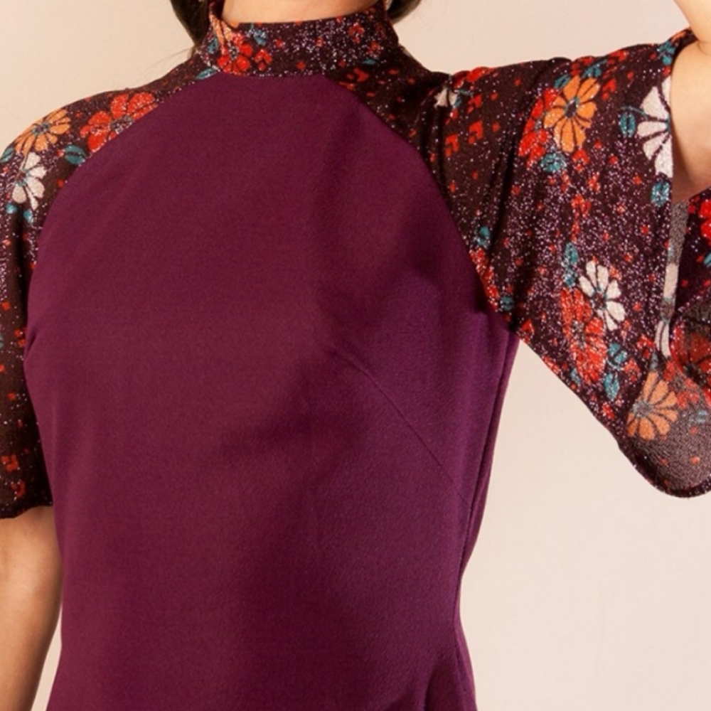 1970s floral lurex flutter sleeve maxi